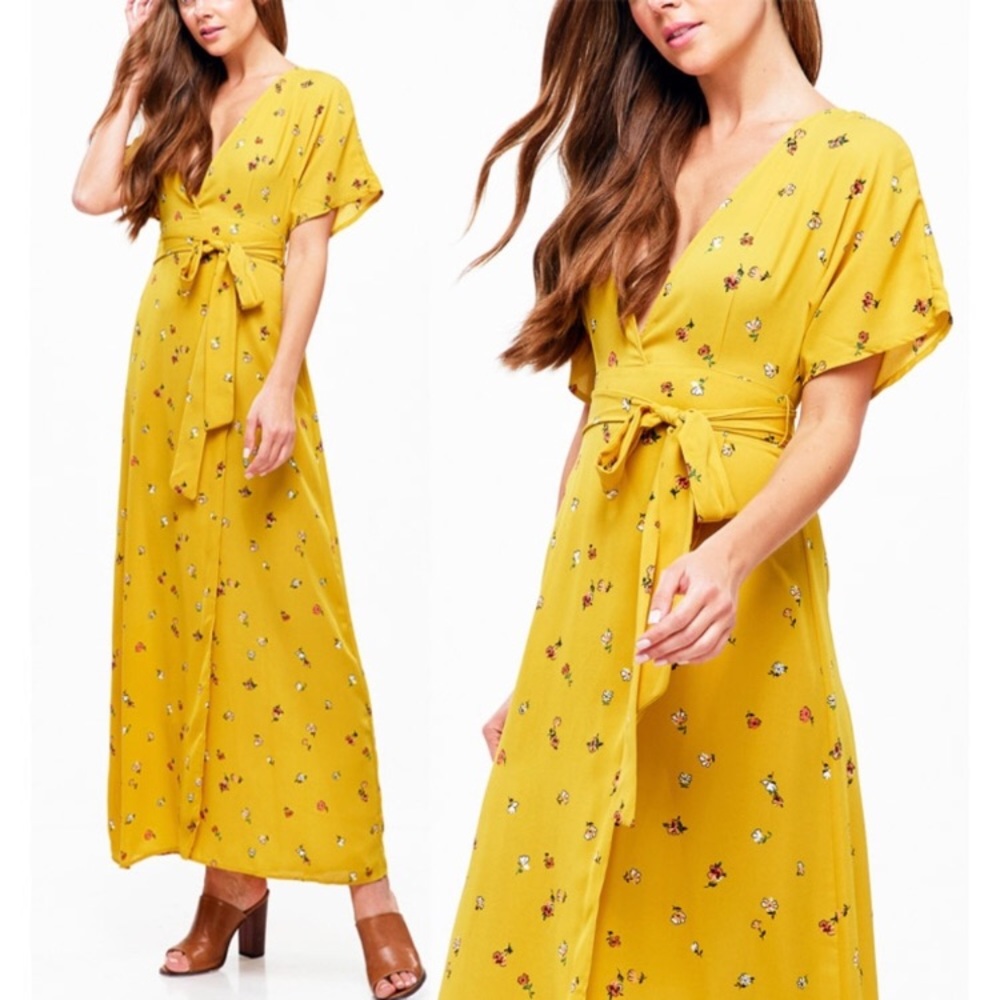 Yellow Plunging V Neck Floral Faux Wrap Maxi Dress